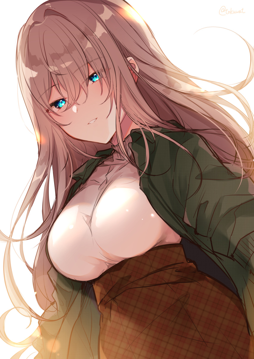 1girl backlighting bangs blue_eyes blush breasts brown_hair brown_skirt commentary_request eyebrows_visible_through_hair eyes_visible_through_hair fukunoki_tokuwa green_jacket hair_between_eyes high-waist_skirt highres jacket long_hair long_sleeves looking_at_viewer medium_breasts open_clothes open_jacket original parted_lips plaid plaid_skirt simple_background skirt solo sweater twitter_username unmoving_pattern very_long_hair white_background white_sweater