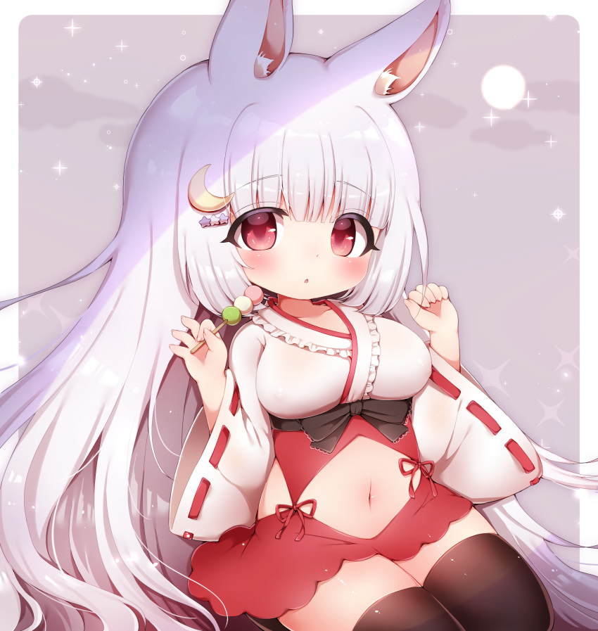 animal_ear_fluff animal_ears arms_up black_legwear blush breasts crescent crescent_hair_ornament dango food hair_ornament hairclip highres japanese_clothes koma_momozu long_hair miko miniskirt navel original rabbit_ears red_eyes red_skirt revealing_clothes shirt silver_hair sitting skirt thigh-highs very_long_hair wagashi white_shirt zettai_ryouiki