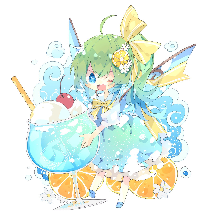 1girl ahoge blue_dress blue_eyes blue_footwear blush_stickers cherry chibi commentary daiyousei dress drinking_straw fairy fairy_wings flower food food_themed_hair_ornament fruit full_body glass green_hair hair_ornament hair_ribbon highres ice ice_cube lemon lemon_hair_ornament lemon_slice long_hair looking_at_viewer minigirl nikorashi-ka one_eye_closed open_mouth ponytail puffy_short_sleeves puffy_sleeves ribbon shirt short_sleeves solo touhou white_background white_shirt wings yellow_neckwear yellow_ribbon