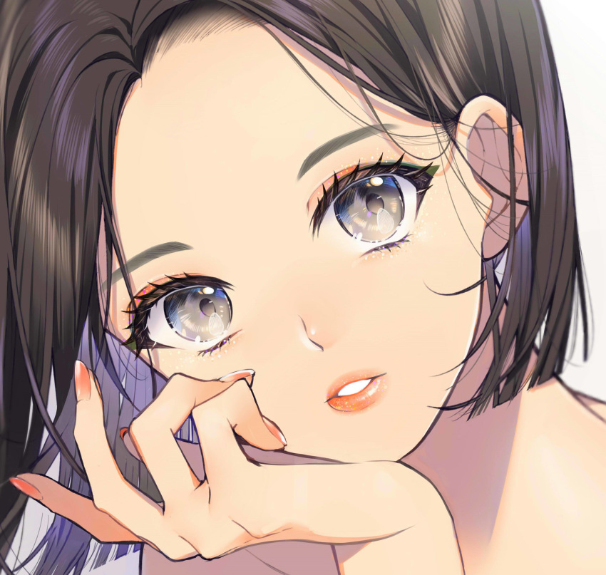 1girl absurdres black_eyes brown_hair close-up commentary_request eyebrows eyelashes eyeshadow fingernails head_rest head_tilt highres lipstick looking_at_viewer makeup nail_polish original red_nails short_hair sogawa solo white_background