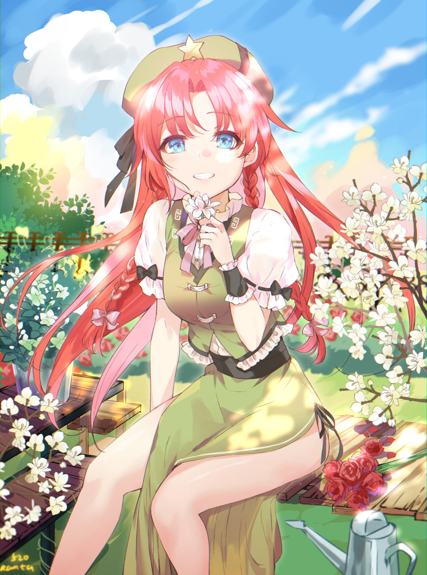 1girl absurdres aqua_eyes beret black_ribbon blue_eyes braid chair china_dress chinese_clothes clouds dress eyebrows_visible_through_hair floating_hair flower frilled_sleeves frills green_dress hand_up hat highres holding holding_flower hong_meiling kanta_(pixiv9296614) long_hair looking_at_viewer no_panties red_flower redhead ribbon ribbon-trimmed_sleeves ribbon_trim short_sleeves side_braid sitting sky smile star_(symbol) touhou twin_braids watering_can white_flower wrist_cuffs