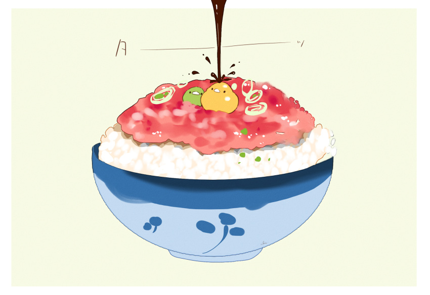 artist_name bird bowl chai commentary_request egg food highres no_humans original pouring rice rice_bowl scrambled_egg signature simple_background sitting_on_food soy_sauce splashing spring_onion