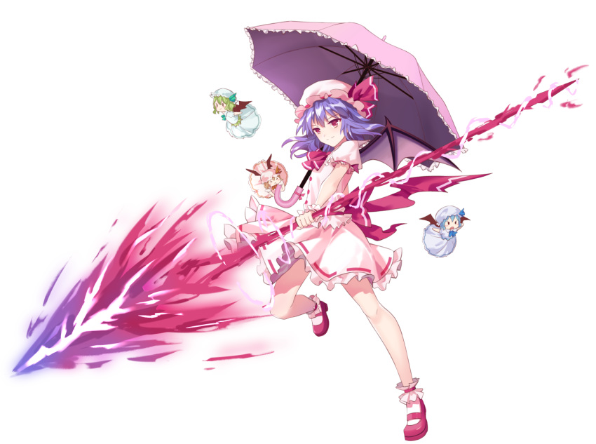 ascot bat_wings blue_dress blue_hair blue_headwear bow cravat dress fire frilled_shirt frilled_shirt_collar frilled_skirt frilled_sleeves frills green_dress green_headwear hat hat_ribbon highres holding holding_spear holding_umbrella holding_weapon mary_janes minigirl mob_cap pink_dress pink_headwear polearm puffy_short_sleeves puffy_sleeves purple_hair red_bow red_eyes red_footwear red_ribbon remilia_scarlet ribbon ribbon_trim sash shirt shoes short_hair short_sleeves skirt spear spear_the_gungnir touhou umbrella weapon white_background white_legwear wings wrist_cuffs youren_ljun