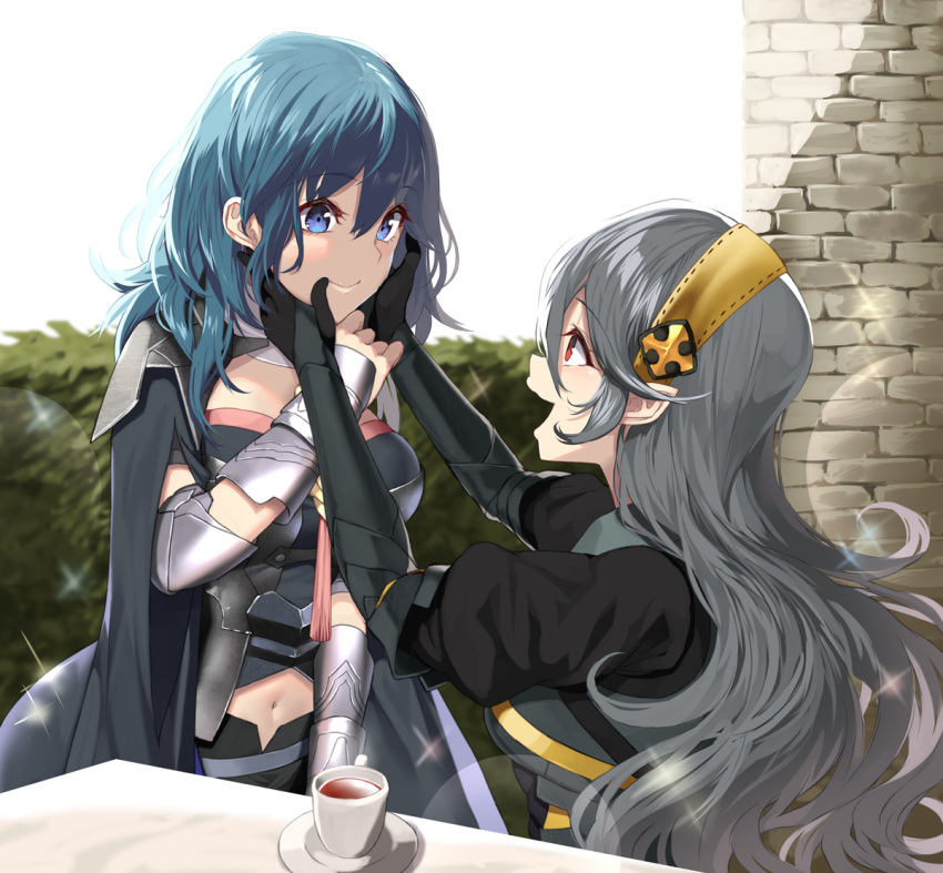 2girls alternate_color arm_guards armor blue_eyes blue_hair blush brick_wall byleth_(fire_emblem) byleth_eisner_(female) byleth_eisner_(female) cape coat corrin_(fire_emblem) corrin_(fire_emblem)_(female) cup cute female_my_unit_(fire_emblem:_three_houses) female_my_unit_(fire_emblem_if) fire_emblem fire_emblem:_three_houses fire_emblem:_three_houses fire_emblem_14 fire_emblem_16 fire_emblem_fates fire_emblem_heroes fire_emblem_if grey_hair hairband hands_on_another's_face human intelligent_systems kamui_(fire_emblem) kamui_(fire_emblem)_(girl) long_hair looking_at_another manakete medium_hair midriff moe multiple_girls my_unit_(fire_emblem:_three_houses) my_unit_(fire_emblem_if) navel nintendo open_mouth player_2 pointy_ears red_eyes sparkle super_smash_bros. table teacup very_long_hair yappen
