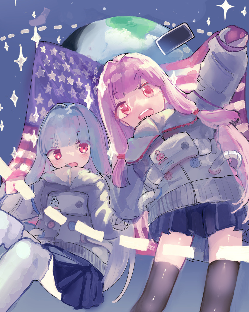2girls :d absurdres american_flag arm_up bangs blue_hair blue_skirt earth_(planet) grey_thighhighs hair_intakes highres kotonoha_akane kotonoha_aoi light_blue_hair long_hair looking_at_viewer microa miniskirt multiple_girls open_mouth pink_eyes pink_hair planet pleated_skirt red_eyes siblings sisters skirt smile spacesuit sparkle star_(sky) teeth thigh-highs thighhighs upper_teeth v-shaped_eyebrows voiceroid white_thighhighs zettai_ryouiki