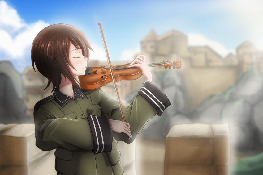 1girl blurry blurry_background bow_(instrument) brown_hair closed_eyes day drawfag highres instrument long_sleeves military military_uniform music outdoors playing_instrument short_hair solo sora_no_woto sorami_kanata standing uniform