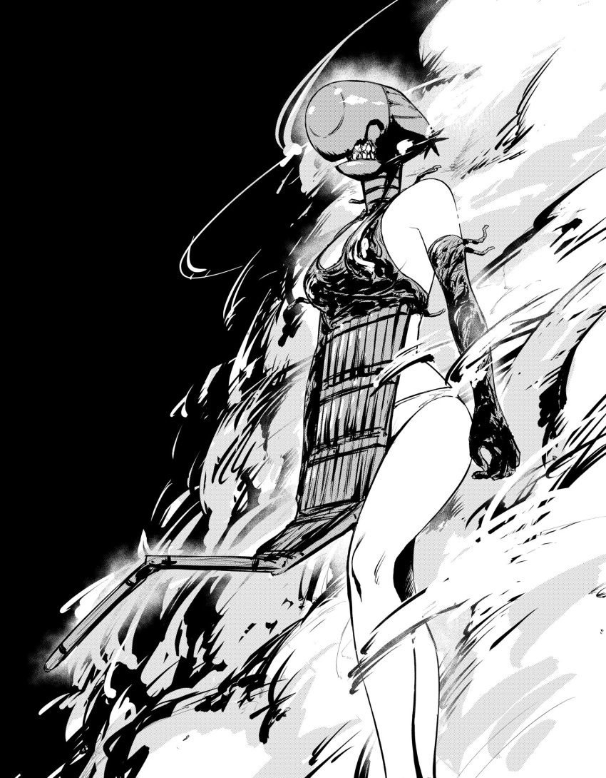 1girl apron black_apron black_background black_gloves breasts chainsaw_man elbow_gloves explosion gloves greyscale highres medium_breasts monochrome monster_girl naked_apron panties reze_(chainsaw_man) sharp_teeth sideboob simple_background smoke solo sssaaakiki teeth transformation underwear