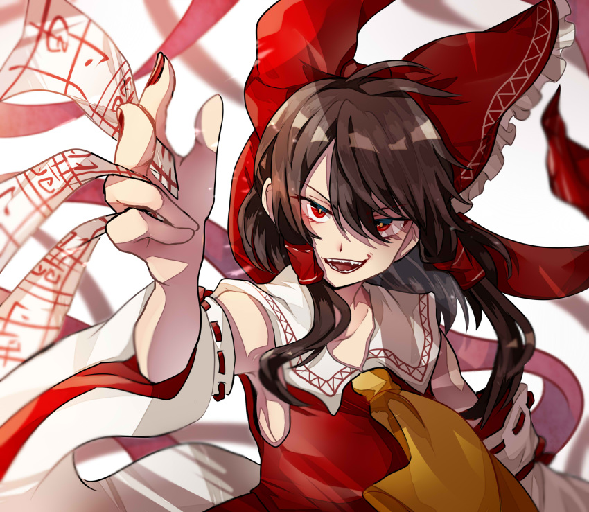 1girl ahoge armpits ascot bangs bare_shoulders bow brown_hair collared_shirt detached_sleeves evil_smile fighting_stance floating_hair frilled_bow frills hair_bow hair_tubes hakurei_reimu highres himari-san_yanaika looking_at_viewer medium_hair nail_polish ofuda open_mouth red_bow red_eyes red_ribbon red_shirt ribbon ribbon-trimmed_sleeves ribbon_trim shirt sleeveless sleeveless_shirt smile touhou upper_body yellow_neckwear