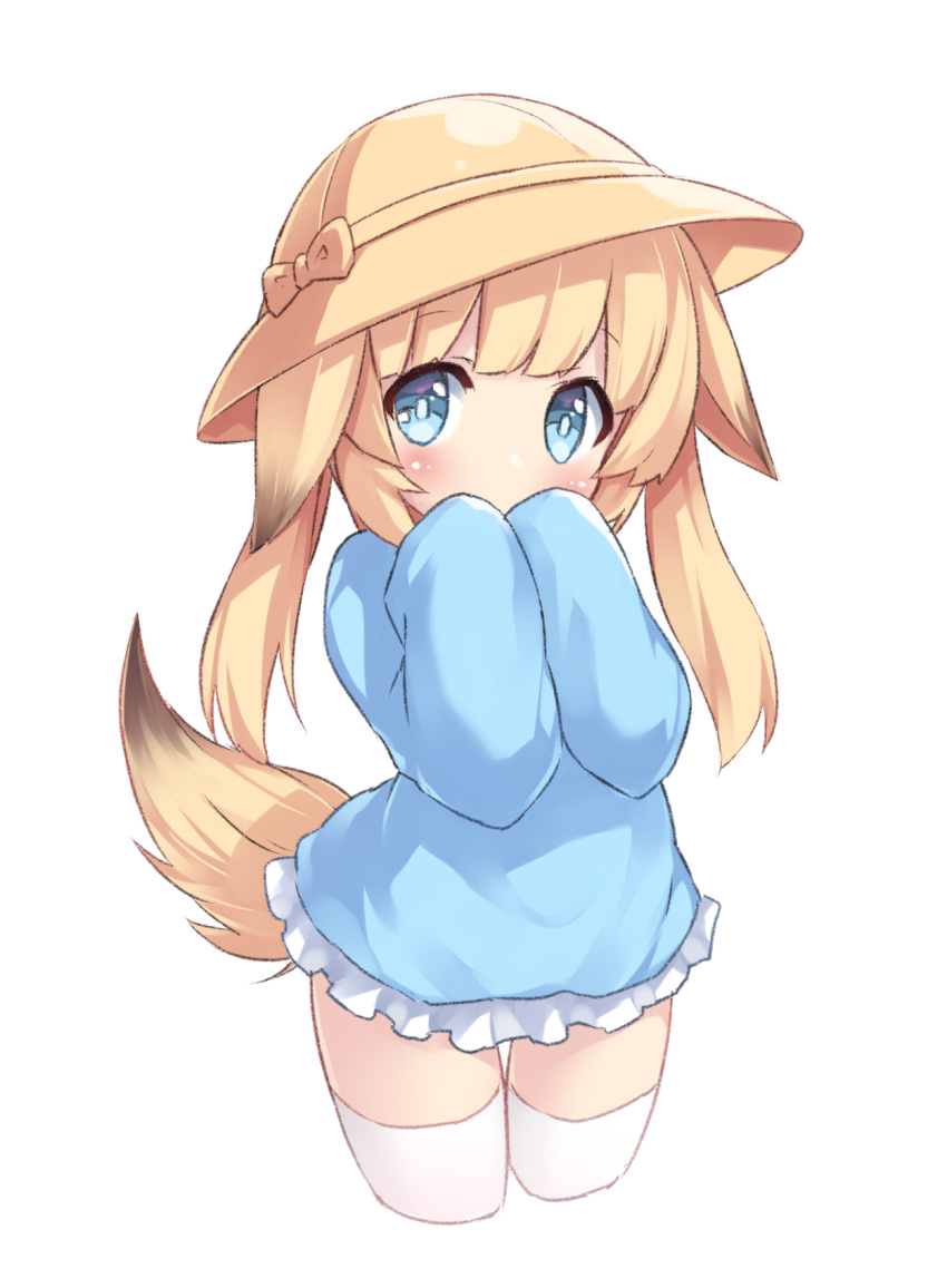 1girl animal_ears arms_up blonde_hair blue_eyes blue_shirt child covering_mouth fox_ears fox_tail hand_to_own_mouth hat highres kemomimi_oukoku_kokuei_housou kindergarten_uniform long_hair mikoko_(kemomimi_oukoku_kokuei_housou) school_hat shirt simple_background skirt sleeves_past_wrists solo tail tamase_tama thigh-highs thigh_gap twintails virtual_youtuber white_background white_legwear white_skirt yellow_headwear