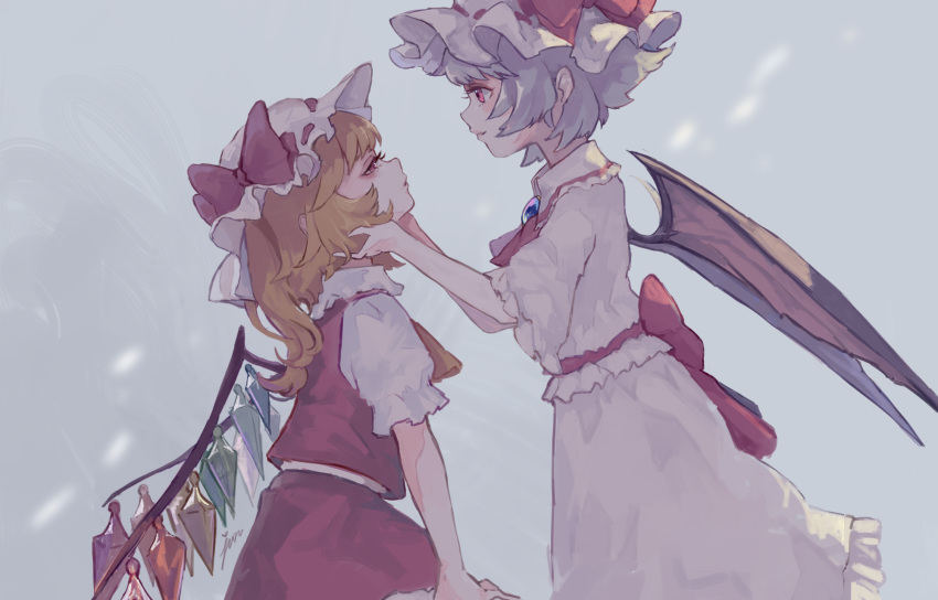 ascot bat_wings blonde_hair bow brooch chishibuki_hiyoko cravat crystal dress flandre_scarlet frilled_shirt frilled_shirt_collar frilled_skirt frilled_sleeves frills grey_background grey_hair hands_on_another's_face hat hat_ribbon highres jewelry medium_hair mob_cap multiple_girls one_side_up pink_dress puffy_short_sleeves puffy_sleeves red_bow red_eyes red_ribbon red_skirt red_vest remilia_scarlet ribbon sash shirt short_hair short_sleeves siblings side_ponytail sisters skirt skirt_set touhou vest wavy_hair white_shirt wings yellow_neckwear