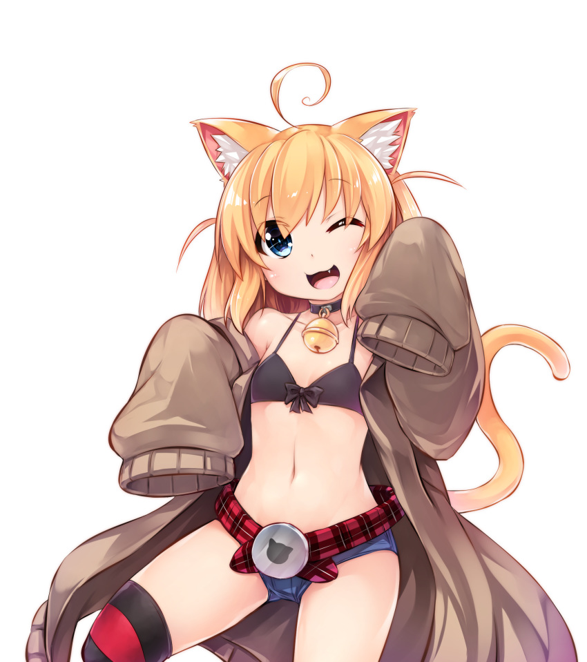 1girl :3 ahoge animal_ear_fluff animal_ears arms_up bell belt bikini bikini_top black_bikini blonde_hair blue_eyes brown_coat cat_ears cat_tail character_request choker coat denim denim_shorts fang flat_chest highres jingle_bell long_hair navel off_shoulder one_eye_closed open_clothes open_coat open_mouth original short_shorts shorts simple_background sleeves_past_wrists smile solo striped striped_legwear swimsuit tail tamase_tama thigh-highs virtual_youtuber white_background