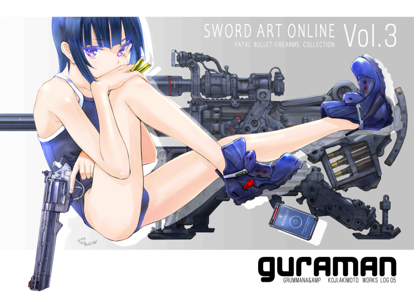 1girl akimoto_kouji artist_name between_fingers black_hair blue_footwear blue_swimsuit boots bullet character_request commentary_request copyright_name covering_mouth dated from_side gun handgun highres holding holding_gun holding_weapon leg_up looking_at_viewer mole mole_under_eye one-piece_swimsuit revolver rifle school_swimsuit scope signature sitting sniper_rifle solo straight_hair swimsuit sword_art_online sword_art_online_alternative:_gun_gale_online trigger_discipline violet_eyes weapon weapon_request