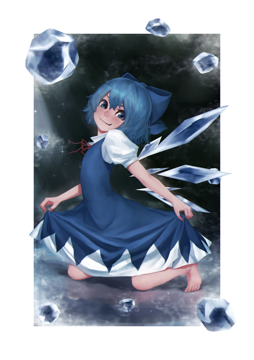 1girl absurdres barefoot blue_bow blue_dress blue_eyes blue_hair bluecup blush border bow cirno dress hair_bow highres holding_dress ice ice_wings kneeling looking_at_viewer outside_border puffy_short_sleeves puffy_sleeves red_ribbon ribbon shadow short_hair short_sleeves solo touhou white_border wings
