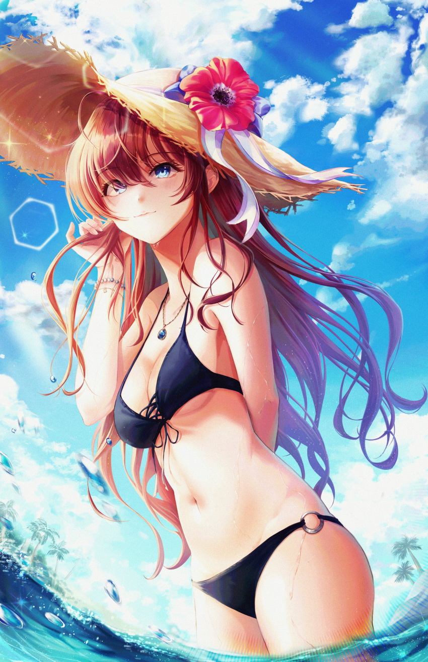 1girl absurdres ahoge arm_behind_back bangs bare_arms bikini black_bikini blue_eyes blue_sky bracelet breasts brown_hair clouds cloudy_sky commentary_request cowboy_shot csc00014 eyelashes flower hair_between_eyes hand_to_head hand_up hat hat_flower highres huge_filesize ichinose_shiki idolmaster idolmaster_cinderella_girls idolmaster_cinderella_girls_starlight_stage jewelry lens_flare long_hair medium_breasts navel necklace o-ring o-ring_bikini outdoors partially_submerged shiny shiny_hair sidelocks sky solo straw_hat sun_hat swimsuit under_boob water wet