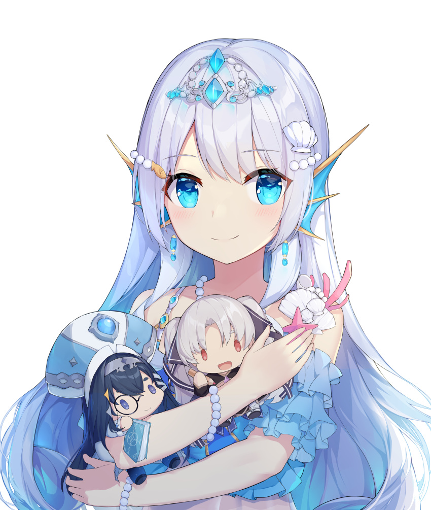 1girl absurdres artia blue_eyes blue_hair character_doll doris_(hololive) hat head_fins highres hololive hololive_china looking_at_viewer portrait rosalyn_(hololive) simple_background smile solo tiara virtual_youtuber wawazi white_background