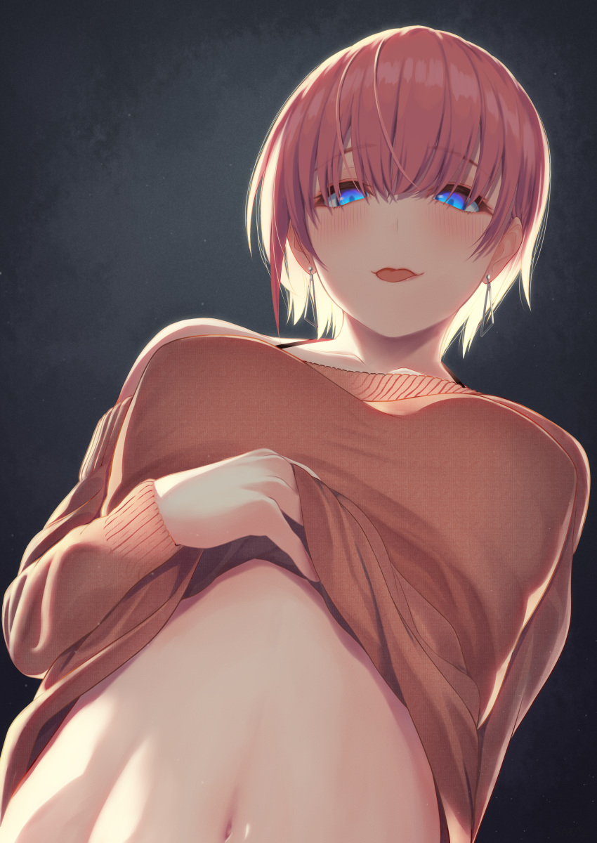 1girl :p absurdres arm_at_side bangs black_background blue_eyes blush breasts brown_sweater clothes_lift collarbone commentary_request earrings eyebrows_visible_through_hair eyelashes go-toubun_no_hanayome hair_between_eyes half-closed_eyes halter_top halterneck highres jewelry lifted_by_self long_sleeves looking_at_viewer makeup mascara medium_breasts midriff nakano_ichika navel off-shoulder_sweater off_shoulder pink_hair sae^2 short_hair smile solo stomach sweater sweater_lift tongue tongue_out upper_body
