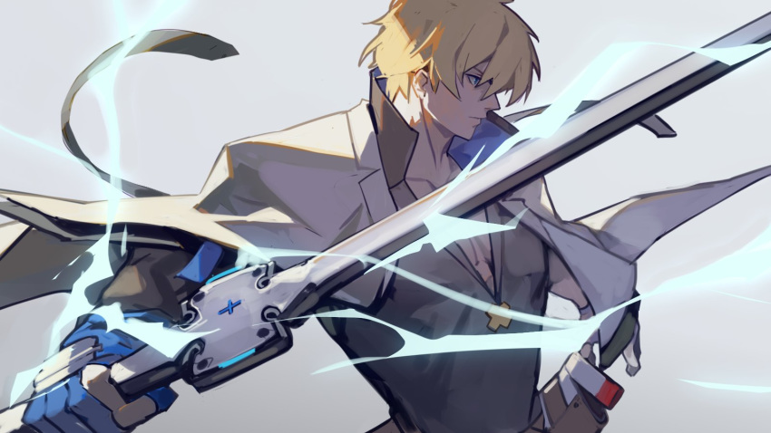1boy black_shirt blonde_hair blue_eyes blue_gloves chest cowboy_shot cross fingerless_gloves gloves guilty_gear guilty_gear_strive highres holding holding_weapon jacket ky_kiske lightning looking_to_the_side serious shadow shirt short_hair simple_background solo sword uncle_rabbit_ii weapon white_jacket
