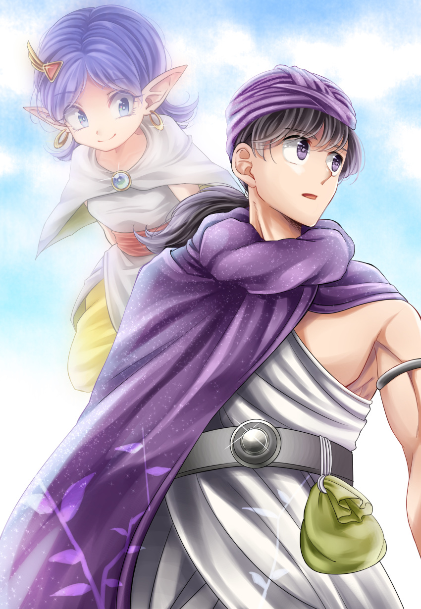 1boy 1girl absurdres arm_strap atarime_(atarimemakaron) bella_(dq5) belt black_hair blue_eyes blue_sky cape clouds commentary_request dragon_quest dragon_quest_v dress earrings floating grey_capelet grey_dress hair_ornament hero_(dq5) highres hoop_earrings jewelry looking_at_another low_ponytail medium_hair muscle pants pointy_ears pouch purple_cape purple_hair purple_headwear short_ponytail sky smile translucent turban violet_eyes yellow_pants