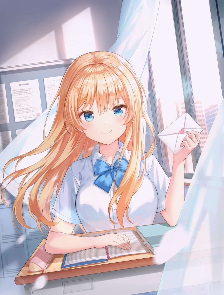 0v0_(l_seohui) 1girl absurdres blonde_hair blue_eyes bow bowtie breasts buttons classroom collared_shirt curtains day desk dress_shirt envelope floating_hair hand_up highres holding indoors long_hair looking_at_viewer medium_breasts notebook original school_desk school_uniform shirt short_sleeves smile solo white_shirt window