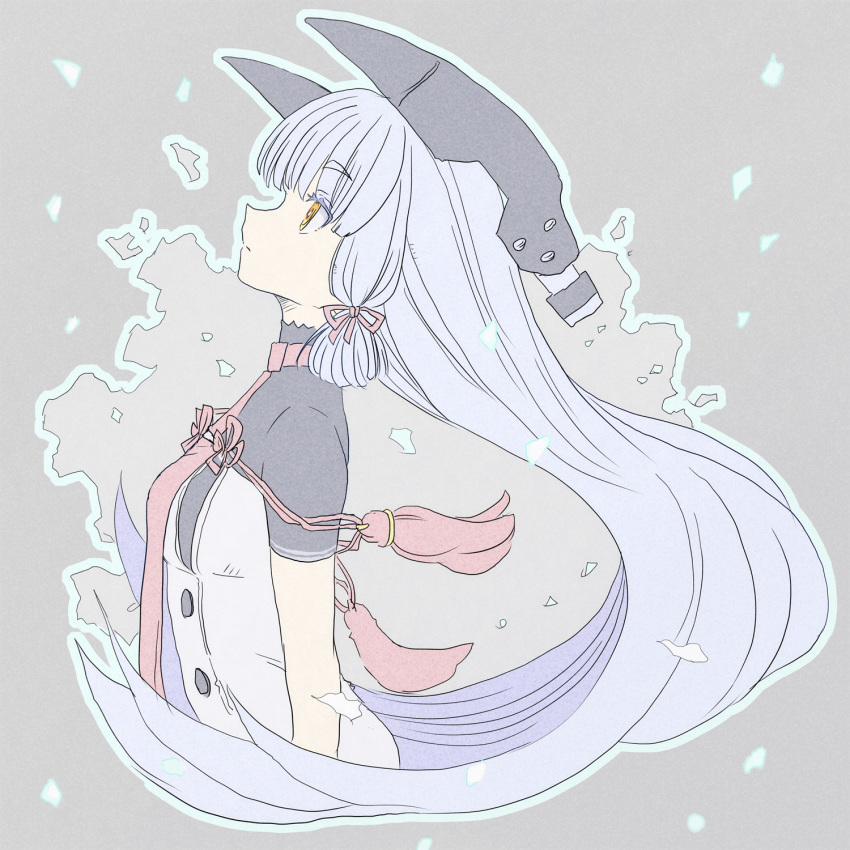 1girl bangs blunt_bangs breasts closed_mouth cropped_legs dress eyebrows_visible_through_hair from_side fudeyama_(fudeco) grey_background grey_hair hair_ribbon headgear highres kantai_collection long_hair murakumo_(kantai_collection) necktie pink_neckwear profile remodel_(kantai_collection) ribbon short_sleeves simple_background small_breasts solo tassel tress_ribbon upper_body yellow_eyes