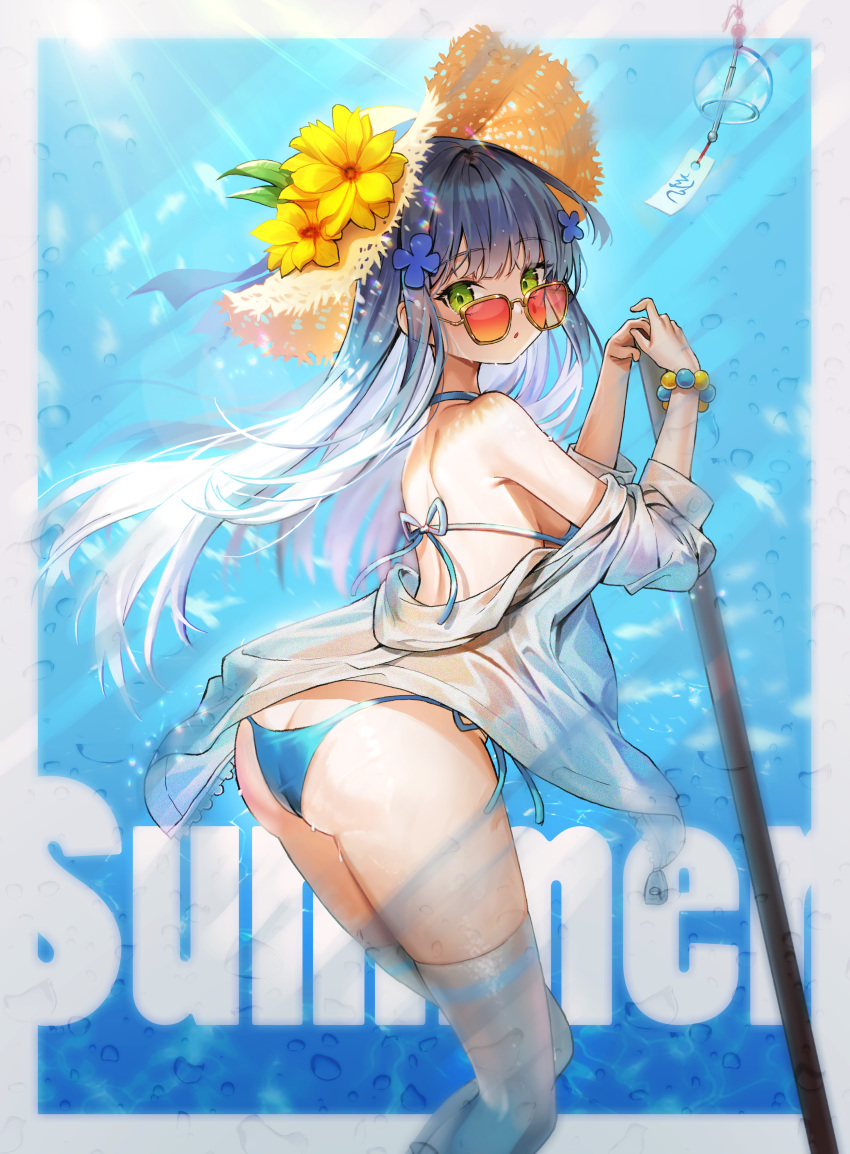 1girl absurdres bikini blue_bikini blue_swimsuit english_text eyebrows_visible_through_hair feet_out_of_frame flower girls_frontline green_eyes hair_flower hair_ornament hat highres hk416_(girls_frontline) huge_filesize hyoin long_hair solo straw_hat sunglasses swimsuit water wet white_hair wind_chime