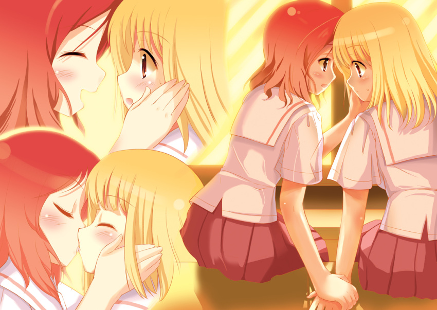 blush closed_eyes fukuji_mihoko holding_hands kiss multiple_girls piaroo saki school_uniform takei_hisa tongue yuri