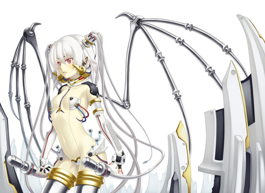 1girl android armor cable fingerless_gloves flat_chest gloves mechanical_wings nail_polish original parted_lips red_eyes science_fiction simple_background solo terumii thighhighs twintails white_background white_hair wings