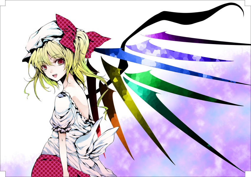 alternate_wings atoshi back bare_back blonde_hair bow casual dress fang flandre_scarlet gradient_hair hair_bow happy hat highres large_bow looking_back multicolored_eyes multicolored_hair open_mouth polka_dot red_eyes ribbon ribbons short_hair side_ponytail smile stained_glass touhou wings yellow_eyes