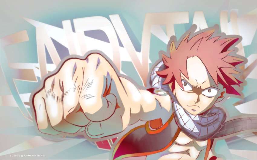 copyright_name fairy_tail fist luurve male natsu_dragneel pink_hair scarf solo tattoo vest wallpaper