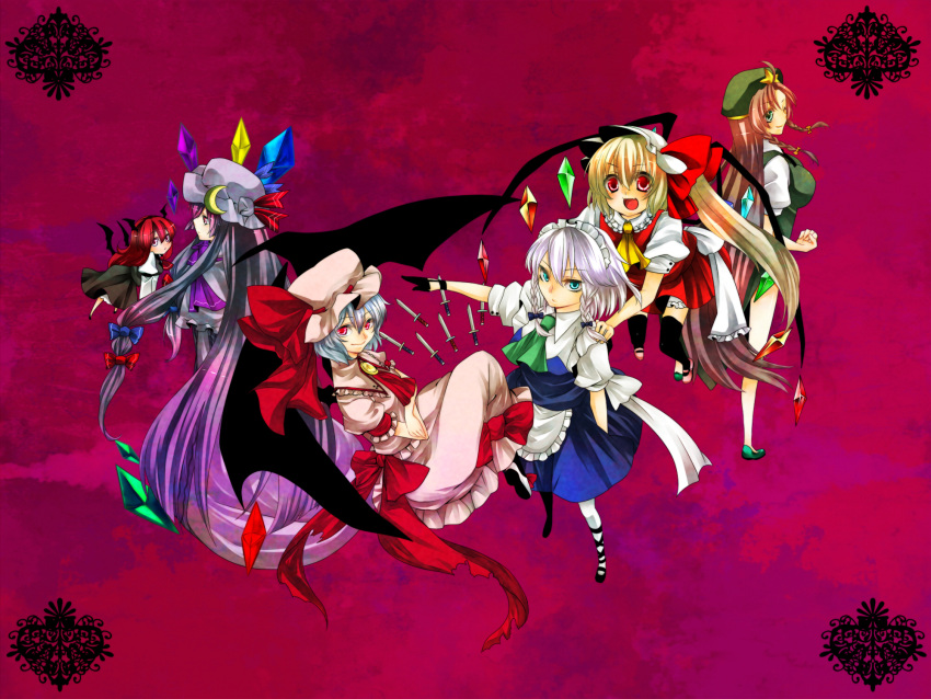6+girls ankle_lace-up bad_id black_legwear blonde_hair blue_eyes blue_hair bow braid chinese_clothes cross-laced_footwear crossed_arms crystal flandre_scarlet floating gloves green_eyes hair_bow hand_on_shoulder hat head_wings highres hong_meiling izayoi_sakuya knife koakuma large_bow lavender_hair long_hair maid maid_headdress minigirl multiple_girls open_mouth orange_hair outstretched_arm pantyhose patchouli_knowledge pink_eyes purple_hair red_eyes red_hair remilia_scarlet serious short_hair silver_hair smile the_embodiment_of_scarlet_devil thighhighs touhou twin_braids white_legwear wink yutazou