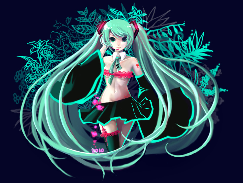 1girl blue_eyes blue_hair detached_sleeves hatsune_miku pleated_skirt tagme tie twintails vocaloid