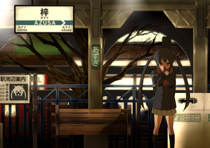 bench black_hair brown_eyes hajime_(hajime-ill-1st) highres k-on! nakano_azusa scarf school_uniform solo train_station tree twintails