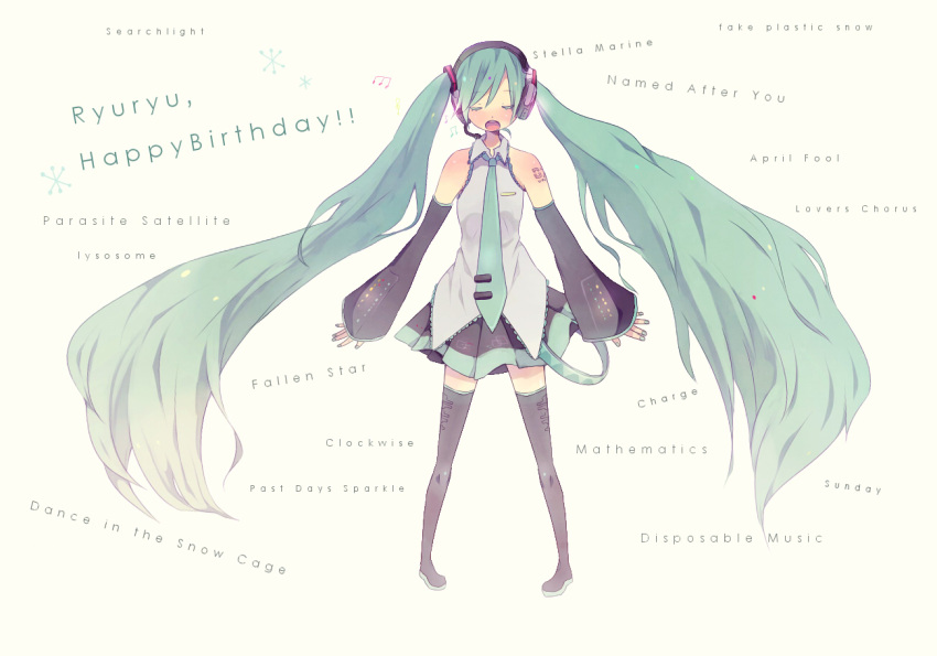 closed_eyes detached_sleeves english gift_art green_hair hatsune_miku long_hair musical_note necktie open_mouth singing solo tamayo thighhighs twintails very_long_hair vocaloid white zettai_ryouiki
