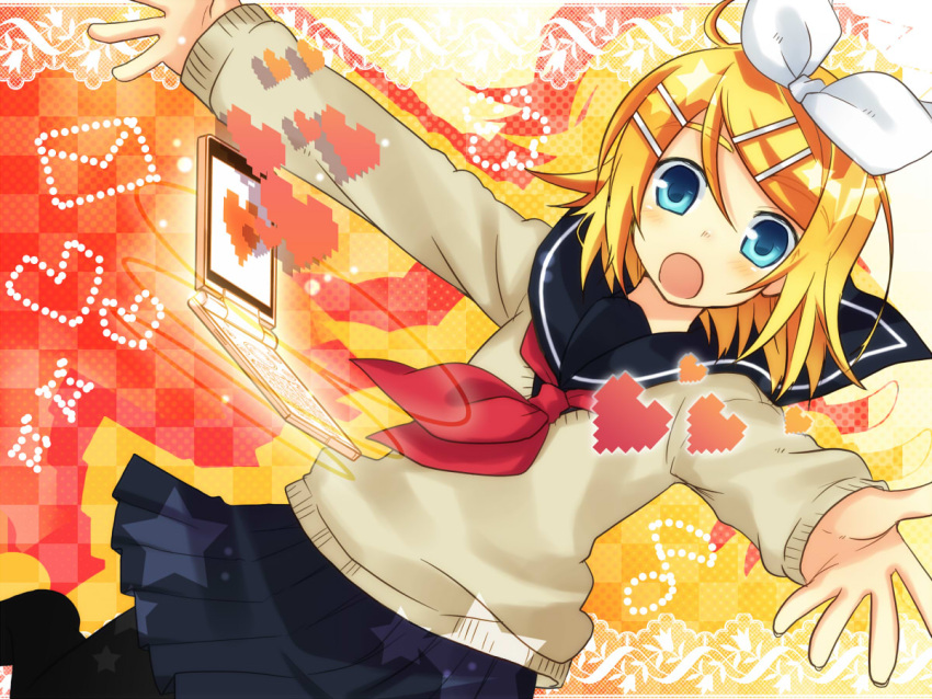 blonde_hair blue_eyes kagamine_rin open_mouth seifuku short_hair solo vocaloid