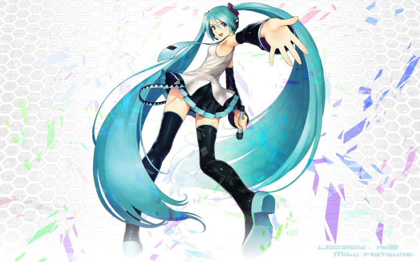 1girl aqua_eyes aqua_hair aqua_necktie aqua_neckwear black_footwear black_skirt detached_sleeves female hair_between_eyes hatsune_miku headphones headset highres holding holding_microphone legs long_hair looking_back microphone necktie open_mouth outstretched_arm outstretched_hand pleated_skirt skirt sleeveless sleeveless_shirt solo taka_tony thigh-highs thigh_boots thighhighs twintails two-tone_footwear two-tone_skirt very_long_hair vocaloid wallpaper white widescreen zettai_ryouiki