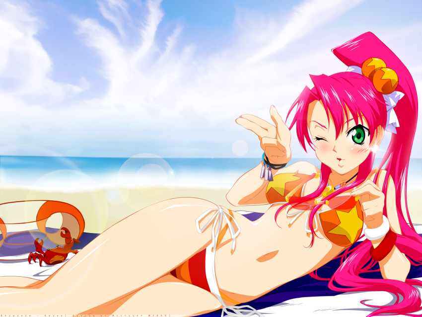 1girl basquash! bikini clouds crab eyebrows female green_eyes jewelry navel pink_hair ponytail puckered_lips rouge sky solo stomach swimsuit wink