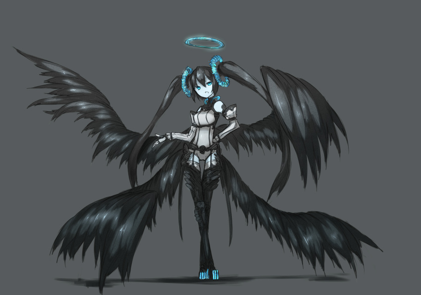 armor black_hair black_wings blue_eyes boots detached_sleeves halo hand_on_hip highres monochrome shirogane_usagi simple_background solo thigh_boots thighhighs twintails wings