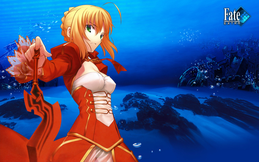 1girl aestus_estus ahoge blonde_hair blue breasts cleavage dress epaulettes fate/extra fate/stay_night fate_(series) green_eyes red_dress saber_extra see-through sword wallpaper weapon