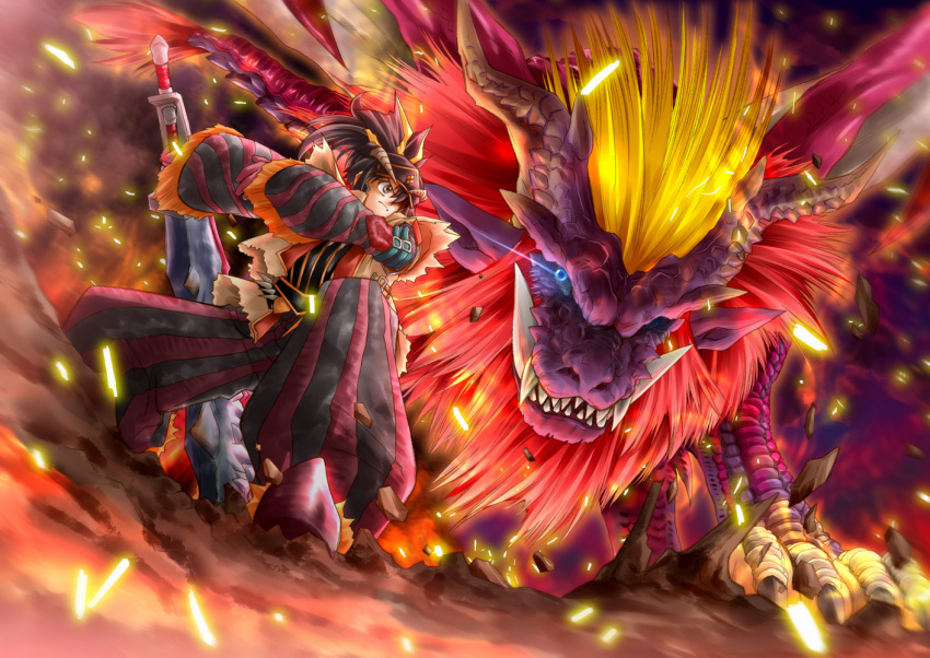 dragon fangs fire glowing glowing_eye glowing_eyes monster_hunter muranako rajang_(armor) sword teostra weapon