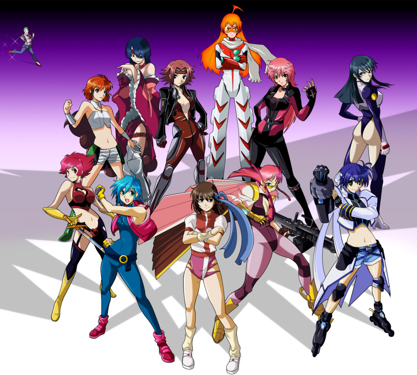 6+girls allenby_beardsley ass blue_hair bodysuit breasts brown_hair buster_machine_7 cleavage code_geass crossover cutie_honey cutie_honey_(character) dancouga_nova diebuster everyone eyepatch from_above fujimura_shizuru g_gundam gaogaigar gaogaigar_final gloves gunbuster gundam hidaka_aoi highres ibis_douglas inline_skates kallen_stadtfeld kisaragi_honey leeron mach_caliber magical_girl mahou_shoujo_lyrical_nanoha mahou_shoujo_lyrical_nanoha_strikers multiple_girls nono orange_hair pantyhose pink_hair renais_cardiff_shishiou revolver_knuckle roller_skates scarf shinkon_gattai_godannar!! skates spikewible subaru_nakajima super_robot_wars takaya_noriko tengen_toppa_gurren_lagann top_wo_nerae! top_wo_nerae_2! yuusha_ou_gaogaigar yuusha_series