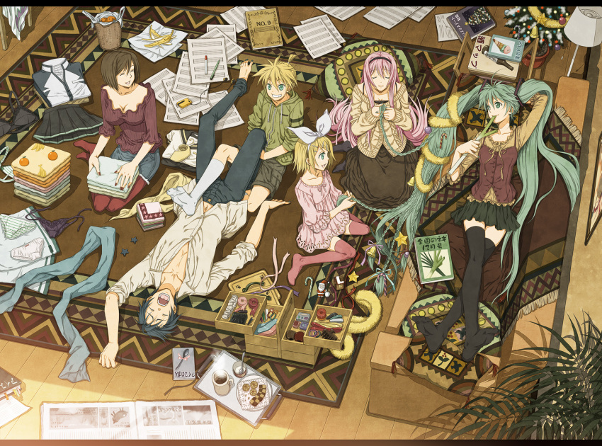 banana barefoot bell black_legwear blonde_hair blue_hair book bow bra braid breasts brown_hair candy casual checkerboard_cookie christmas christmas_tree cleavage closed_eyes cookie cup earphones everyone feet food from_above fruit grin hair_bow hair_ornament hair_ribbon hairband hairclip hatsune_miku highres hoodie kagamine_len kagamine_rin kaito lamp leek legs lingerie long_hair lying megurine_luka meiko on_back open_mouth orange panties pantyhose pen pillow pink_hair red_legwear ribbon scarf sheet_music short_dress short_hair shorts sitting skirt sleeping sleeves_pushed_up sleeves_rolled_up smile spoon star tape tea thigh-highs thighhighs towel twintails underwear very_long_hair vocaloid yuuno_(yukioka) zettai_ryouiki