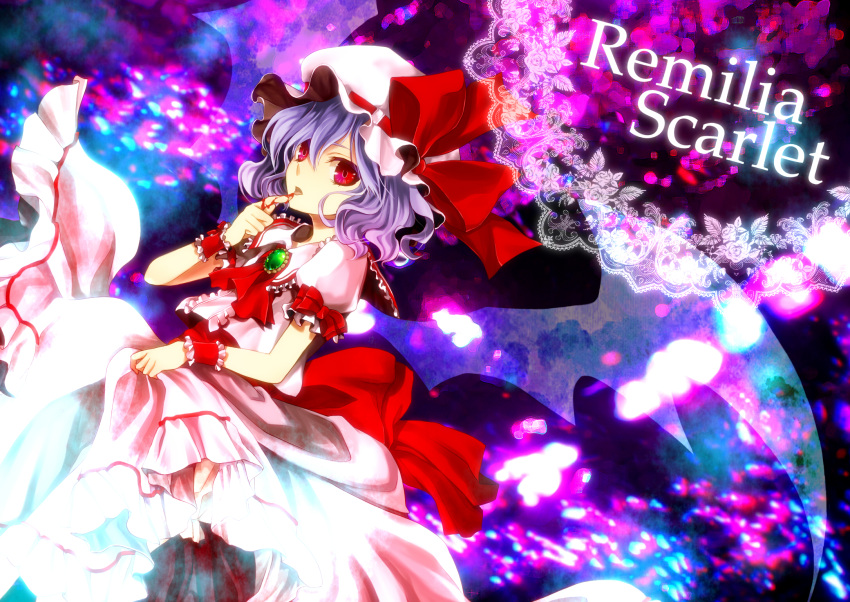blood blue_hair brooch dress finger_licking hat highres jewelry licking looking_at_viewer macco purple_hair red_eyes remilia_scarlet ribbon short_hair touhou wings wrist_cuffs