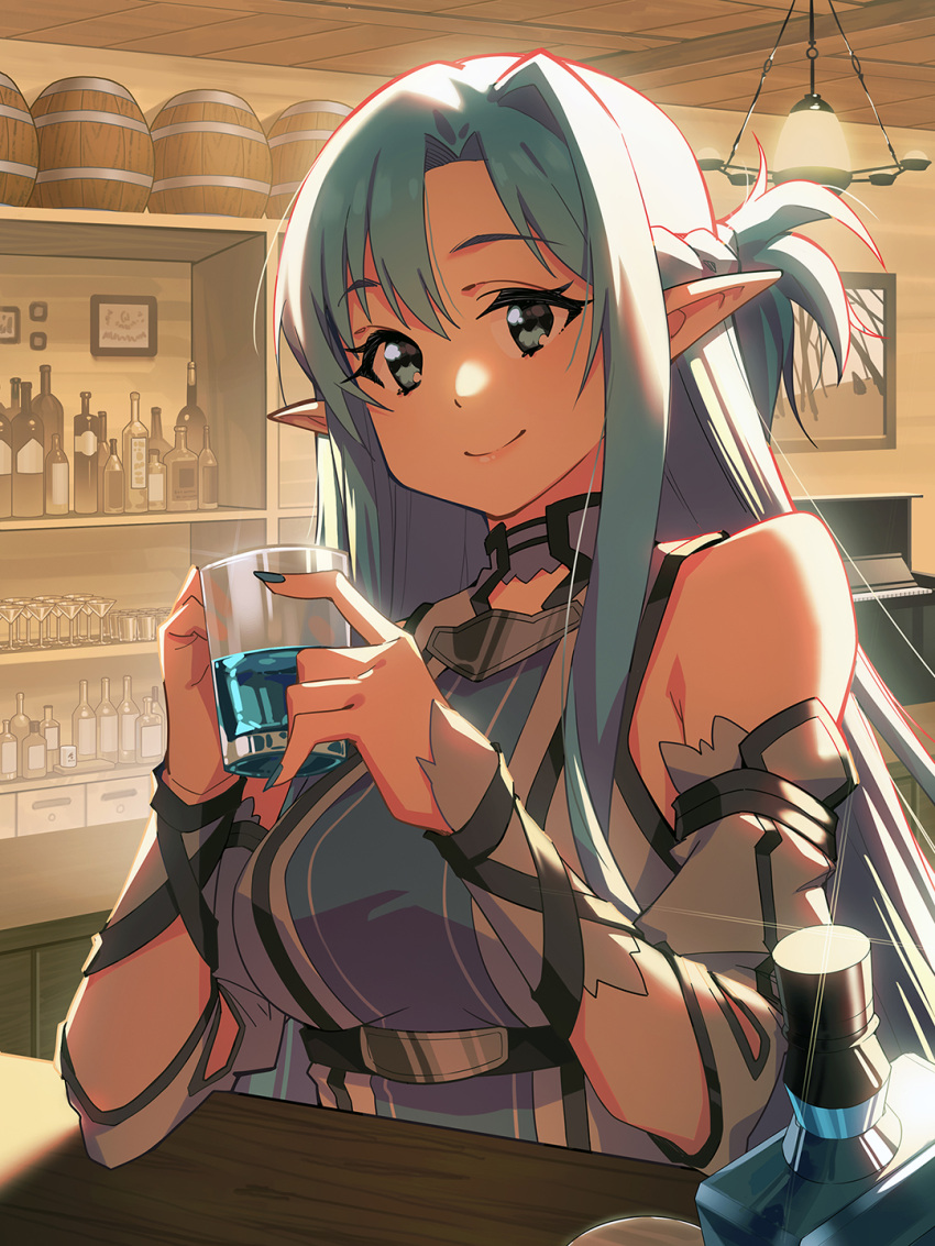 1girl asuna_(sao-alo) bangs bare_shoulders blue_eyes blue_hair braid breasts detached_sleeves elf eyebrows_visible_through_hair highres holding indoors large_breasts long_hair looking_at_viewer nail_polish pointy_ears smile solo sword_art_online zhanzheng_zi