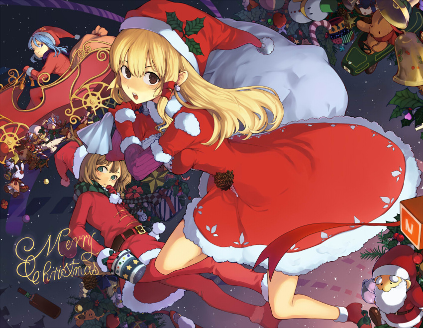 3girls bell blonde_hair blue_eyes blue_hair blush brown_eyes brown_hair christmas flying gift gloves green_eyes hair_tubes hat original sack santa_costume santa_hat sidelocks sky winter