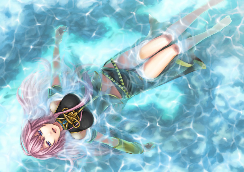 afloat barefoot blue_eyes from_above long_hair megurine_luka pink_hair ripples solo vocaloid yuzuru_(rapid)