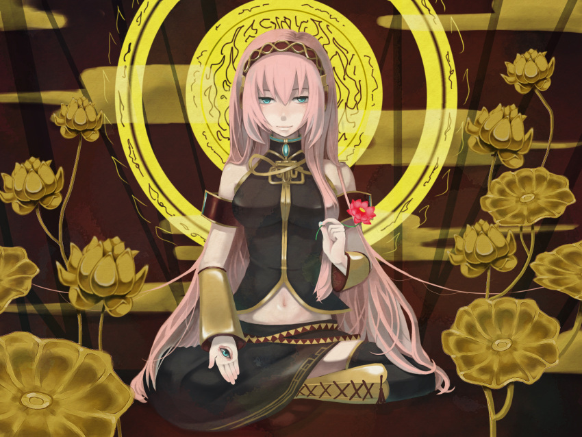 bad_id blush boots buddhism flower goddess halo highres long_hair lotus megurine_luka midriff navel pink_hair sitting skirt solo thigh_highs thighhighs uchida_akira vocaloid