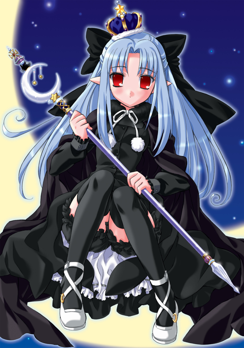 blue_hair blush bow cosplay crown flat_chest gothic hat highres len loli long_hair melty_blood pointy_ears red_eyes ren staff thigh_highs thighhighs tsukihime type-moon type_moon