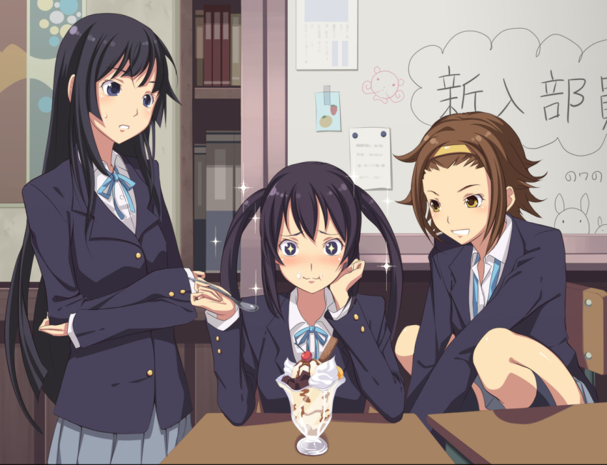 +_+ 3girls akiyama_mio bad_id black_eyes black_hair brown_eyes brown_hair dessert food hairband ice_cream k-on! long_hair multiple_girls nakano_azusa parfait school_uniform sparkle tainaka_ritsu yuuhi