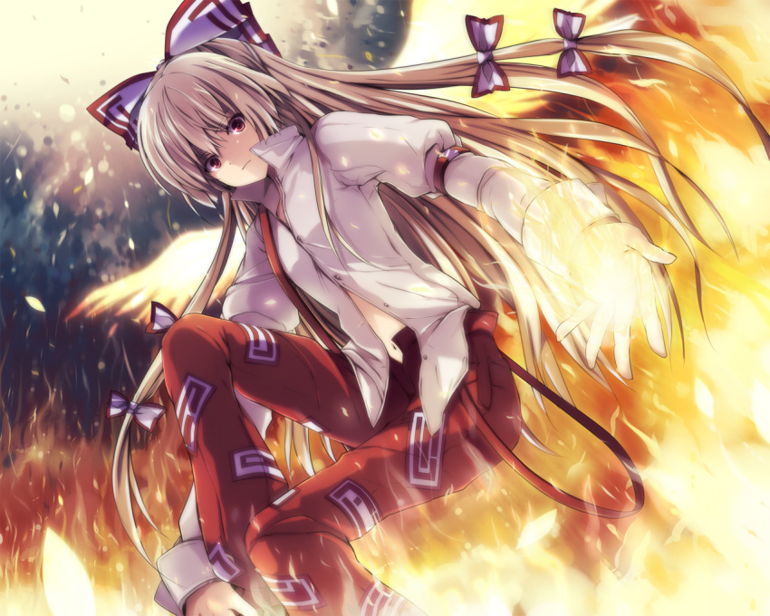 bow fiery_wings fire fujiwara_no_mokou hair_bow kiyu long_hair navel red_eyes solo strap_slip suspenders touhou unzipped very_long_hair wings