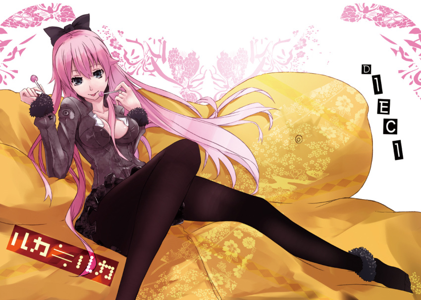 alternate_hairstyle black_pantyhose blue_eyes bow breasts candy casual cleavage hair_bow hair_ribbon legs lollipop long_hair megurine_luka mirre pantyhose pink_hair ponytail ribbon sitting solo very_long_hair vocaloid